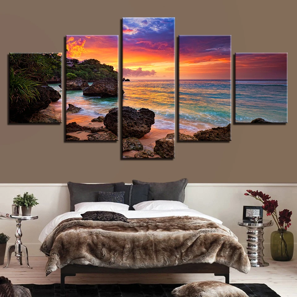 

Canvas Printed Seascape Pictures 5 Panel Canvas Decoration Poster Sunset Glow Wall Art Painting Beach Waves Modern Artwork Frame