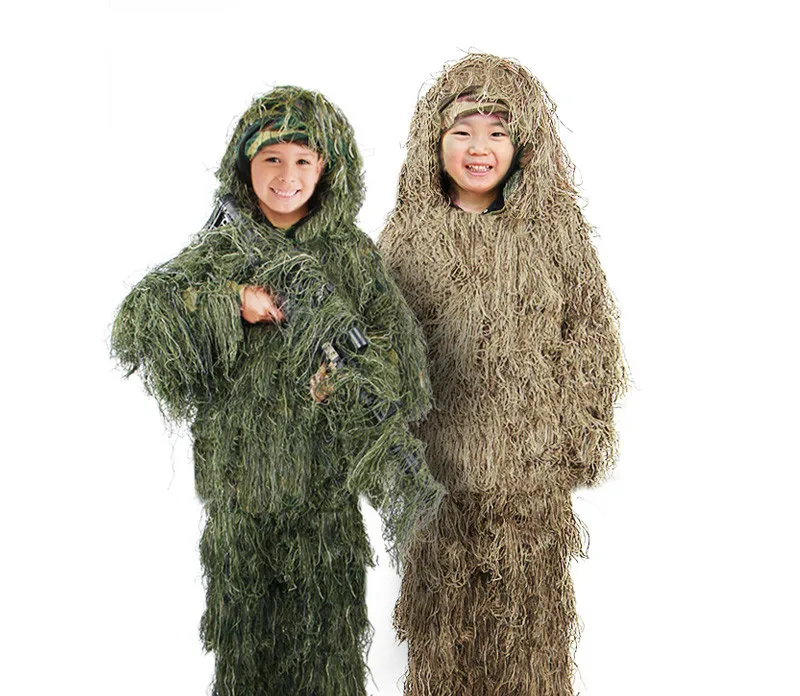

Unisex 5PCS Jungle Desert Camo Hunting Clothing Bionic 3D Camouflage Ghillie Suit Sniper Tactical Suit for Kid woodland