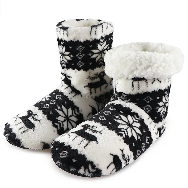 Зимняя обувь; женские домашние тапочки с рождественским оленем; домашние носки; Теплая обувь; Contton Bootie; тапочки с плюшевой флисовой стелькой; нескользящая подошва - Цвет: Black