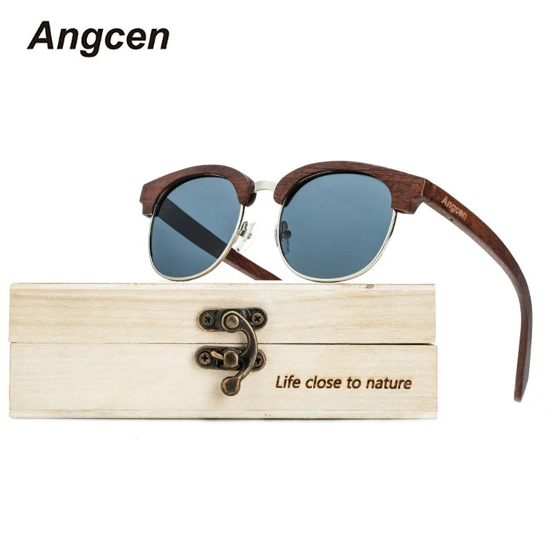 

Angcen Vintage Wooden Sunglasses Men Woman Polarized Mirror Half Frame Sun Glasses Handmade Wood Eyewear UV400 Bamboo Sunglasses