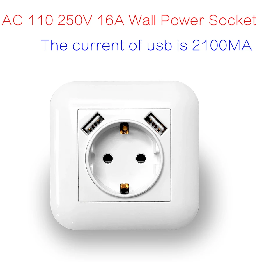 Настенная розетка Delviz стандарта ЕС 16А, AC 110~ 250V розетка, квадратная с usb лицевой панелью, 2.1A порт, Белая Двойная USB зарядная розетка - Тип: white