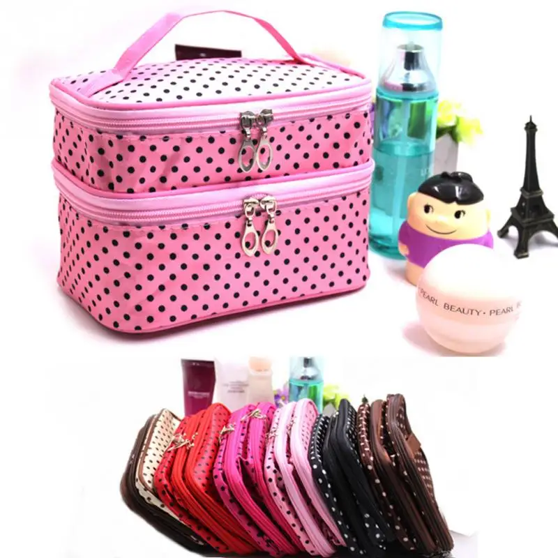 Double Layer Women Travel Toiletry Cosmetic Bag Make Up Case Dots Makeup Tool Storage Bag Multifunctional Organizer#H105