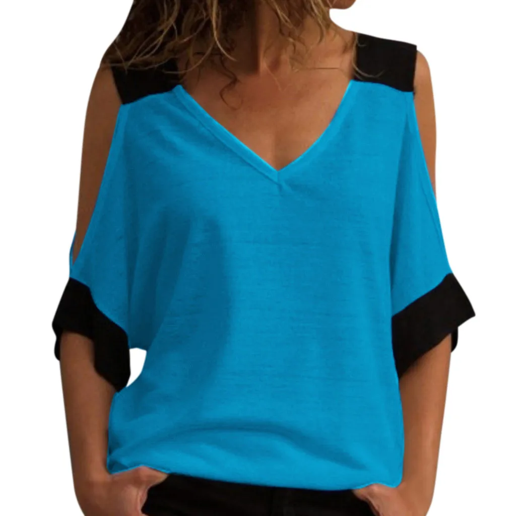 

Feitong Women T Shirts Stitching Off-Shoulder V-neck Shirt For Lady Women Clothing Summer Casual Tee Tops Femininas Plus Size