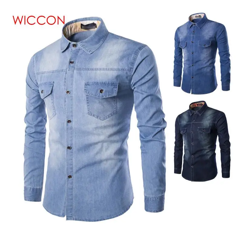 

Fashion Mens Denim Shirt Long Sleeve Plus Size Cotton Jeans Cardigan Casual Slim Fit Shirts Men Two-pocket Tops Clothing M-6XL