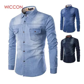

Fashion Mens Denim Shirt Long Sleeve Plus Size Cotton Jeans Cardigan Casual Slim Fit Shirts Men Two-pocket Tops Clothing M-6XL