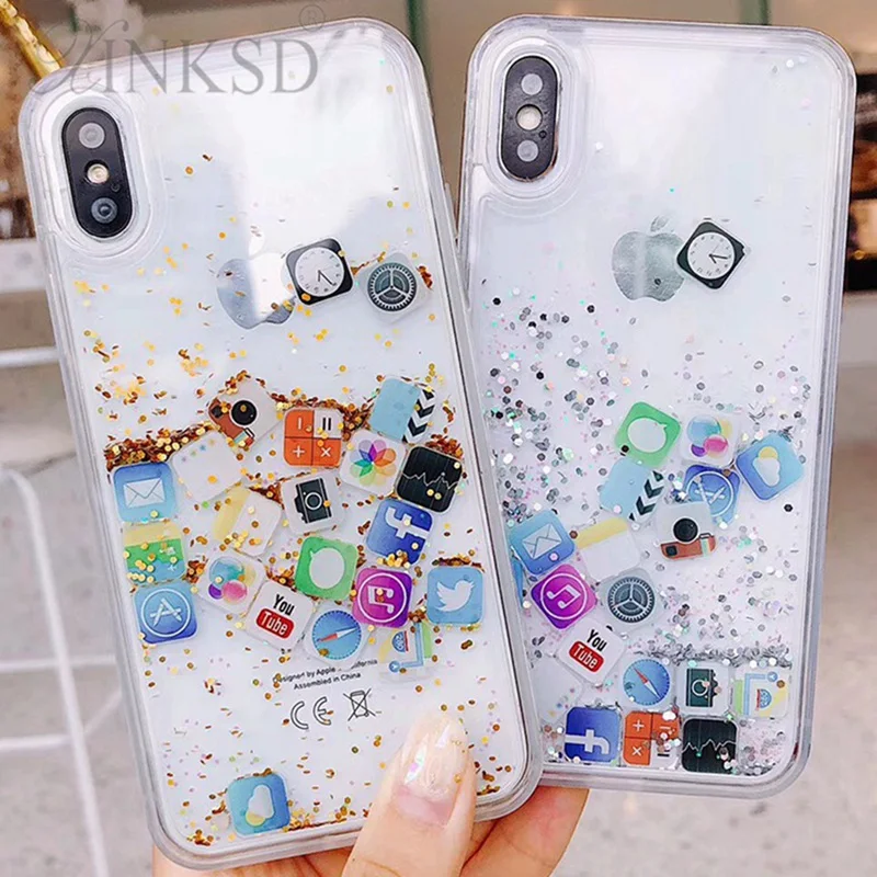 

7G Lewinsky Cute Amusing Mobile apps Icon pattern phone Case cover For iphone 7G X 6 S 6s 8PLUS Glitter Liquid Quicksand Cases