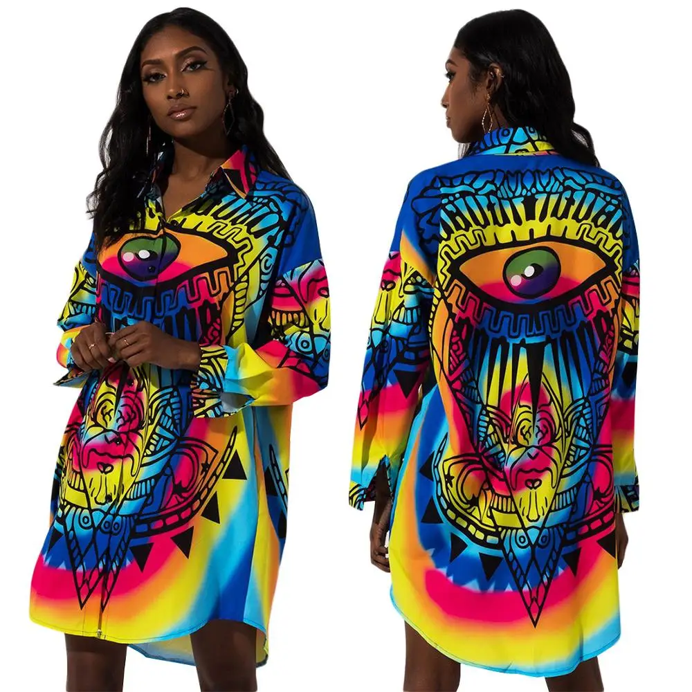 

Newest Design Multicolored Pattern Printed Women Shirt Dress Party Dresses Summer Autumn Long Sleeves Fashion Lady Long Shirts
