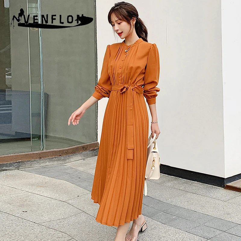 VENFLON Chiffon Women Dress Summer 2019 Elegant Sexy Half Sleeve Stand Collar Pleated Party Dress Slim Button Lace-up Maxi Dress