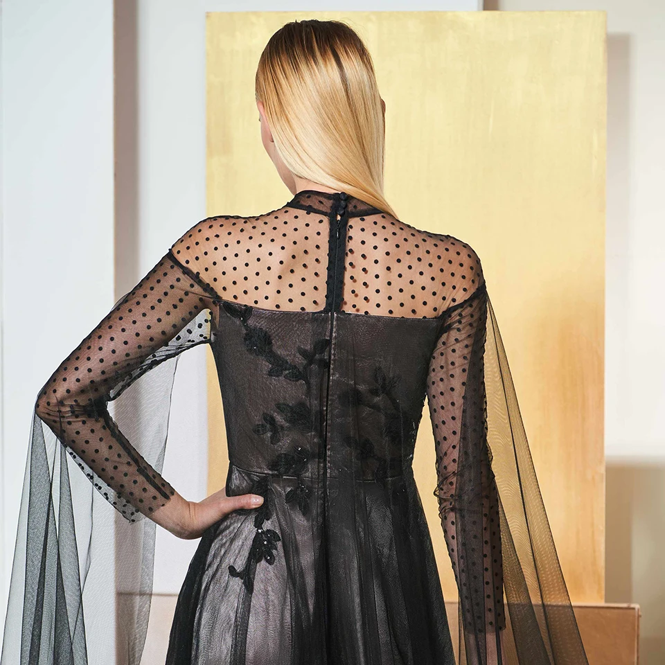 Dressv black elegant high neck evening dress long sleeves beading lace a line wedding party formal dress evening dresses