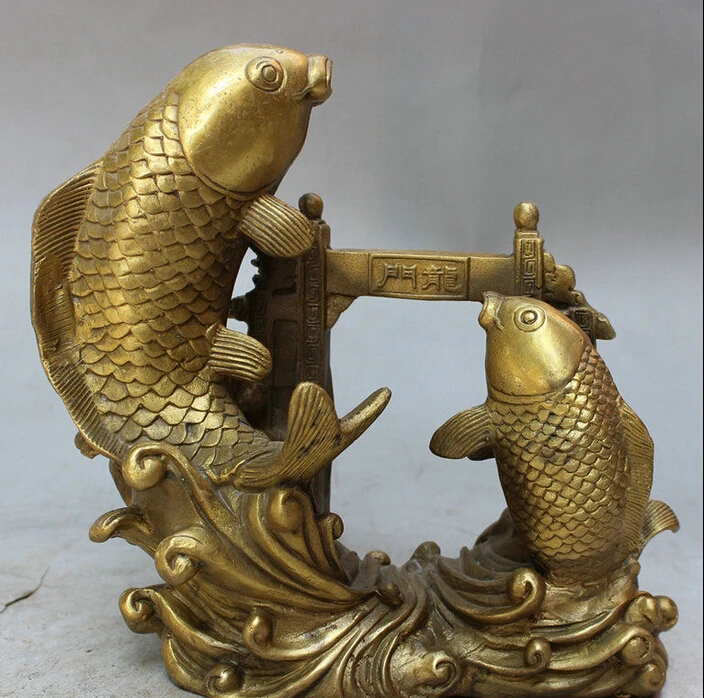 2pc Folk bronze carvings a auspicious lifelike Wealth fish statue Lucky Animal 