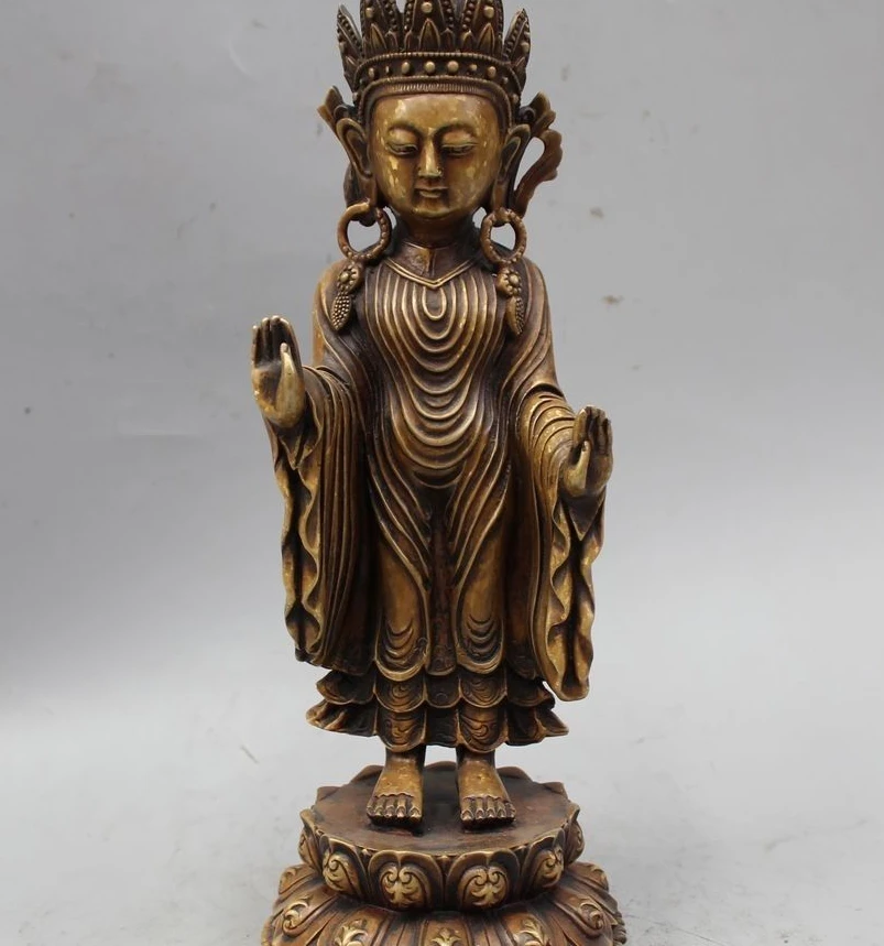 

12" Old Tibet Pure Bronze Buddhism Stand Guanyin Kwan-yin Boddhisattva Statue