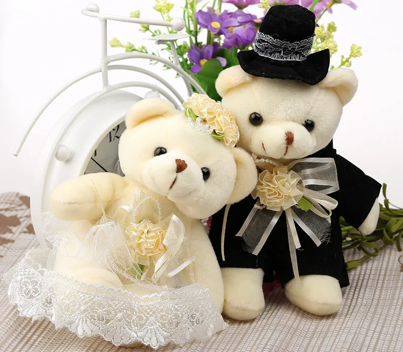 Kawaii 1Pair NEW Wedding Gift Bride & Groom Bear Bouquet DOLL TOY ; Plush Stuffed TOY Size12*6CM Soft Figure DOLL TOY