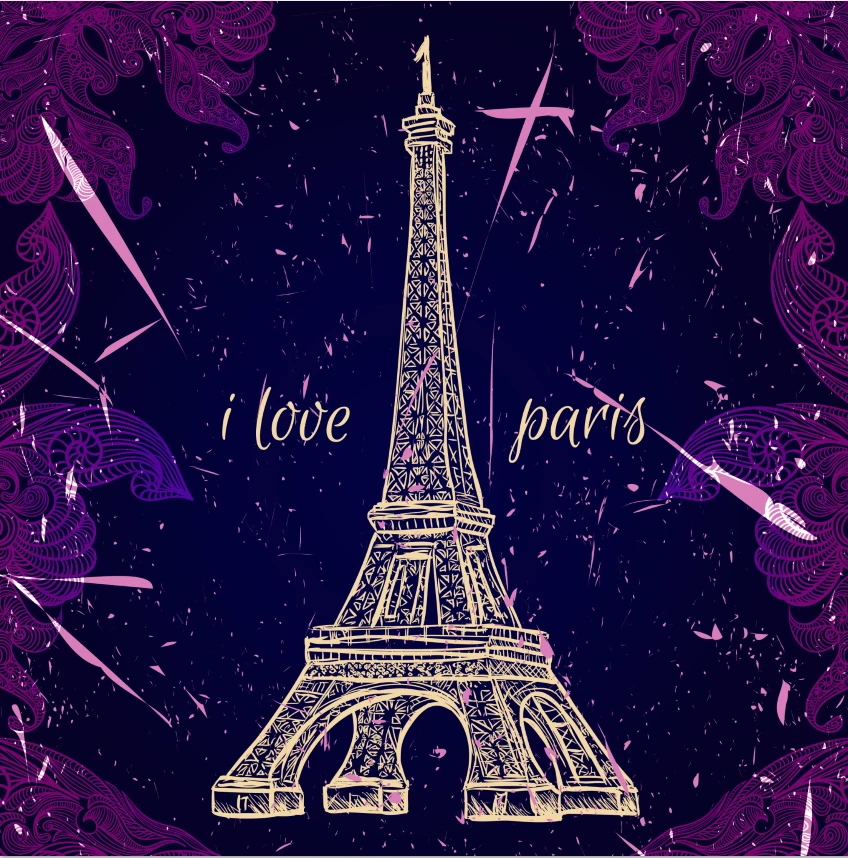 

10x10ft Love Paris Purle Floral Gold Eiffel Tower Custom Seamless Washable Wrinkle Free Photo Background Backdrop Polyester