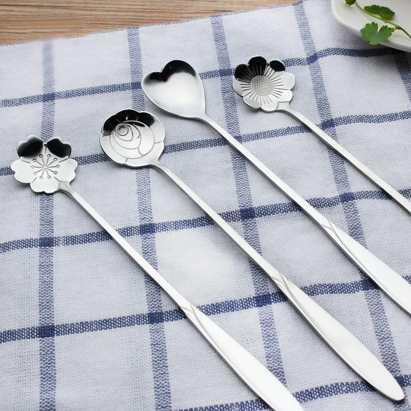 4 قطعة/الوحدة الزهور على شكل اثارة القهوة المجارف Coffeeware الفولاذ المقاوم للصدأ شاي مثلج الحلوى أواني الطعام اكسسوارات المطبخ البند