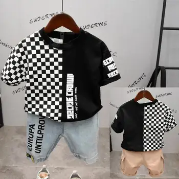

2020 summer new children's suit boys plaid letter T-shirt + jeans pink pants with belt two-piece baby wild suit 2-6 years