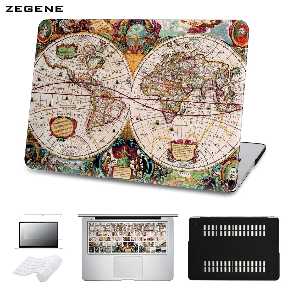 

ZEGENE 5 in 1 Bundle Old World Map Hard Case For Macbook Air 11 13 15 Retina Pro 13 15 2016 New Touch Bar A1706 A1708 Cover