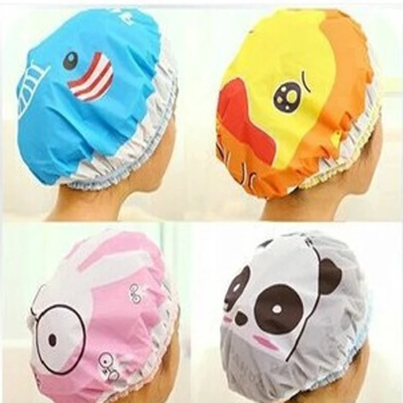 1PC Bathroom Accessories Waterproof Shower Hat Elastic Band Hat Bath Hat Cute Cartoon Rabbit Elepant Lion Duck Panda Shower Hats 9