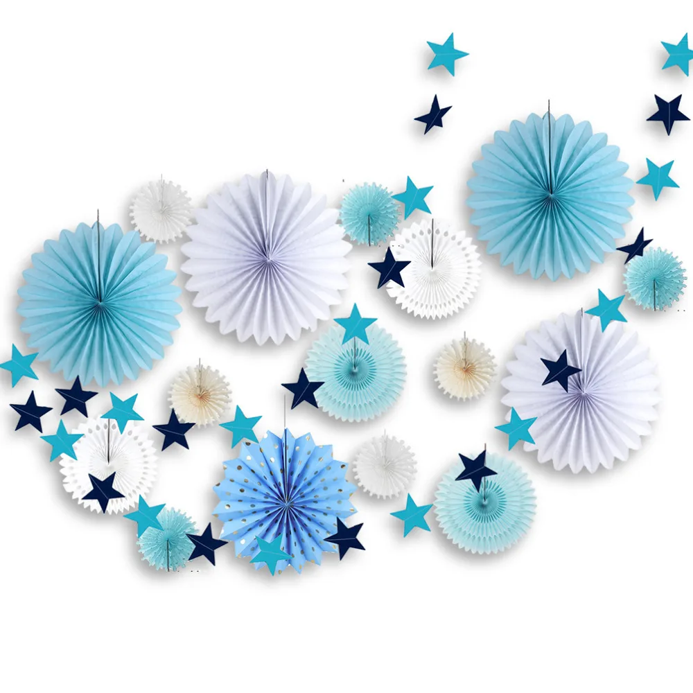 

17pcs Blue & White Paper Decoration Set Assorted Paper Rosettes Star Garland for Birthday Wedding Shower Photo Backdrop