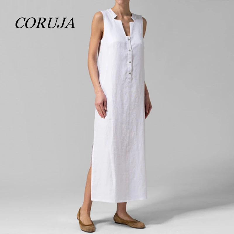 

Women's White Shift Dress Casual 2019 Summer V-Neck Sleeveless Loose Oversize High Side Slit Midi Dresses Free Shipping