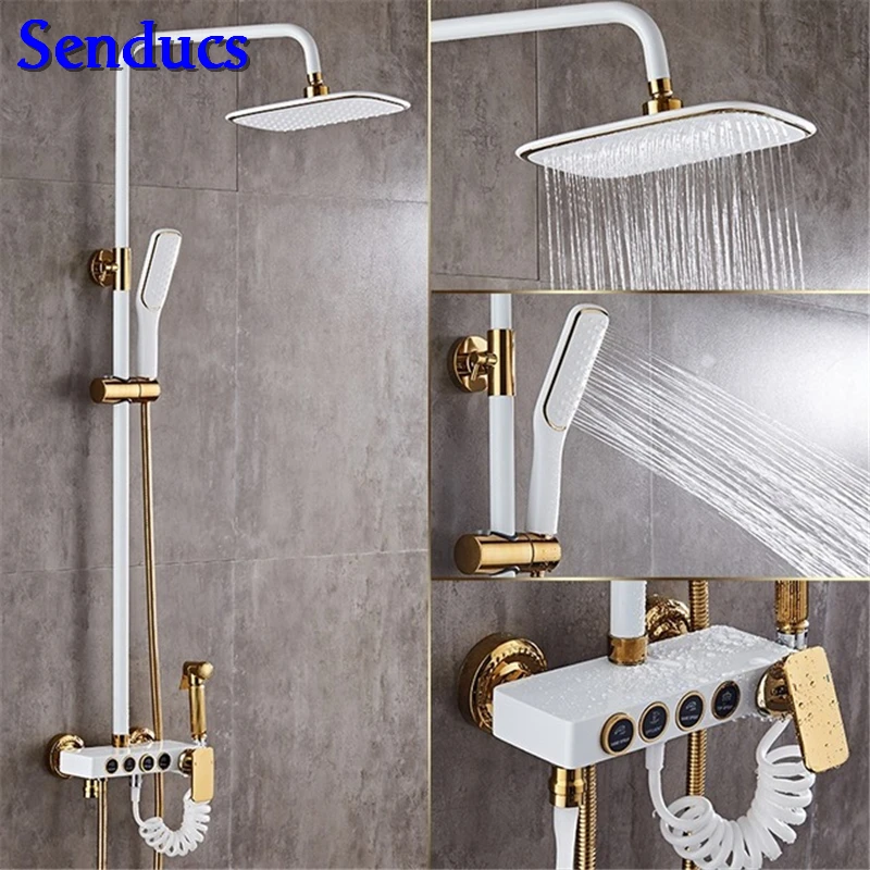 Bathroom Luxury Black White Golden Shower Set With Antique Gold