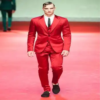 

Italy Style Red Satin Groom Tuxedos Slim Fit 3 Piece Mens Wedding Prom Party Suits Bridegroom Groomsman Suit (Jacket+Pants+Vest)
