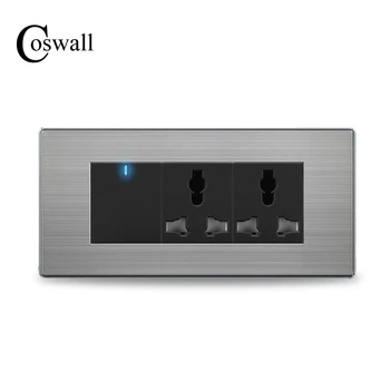 

COSWALL Wall Double Socket Universal Power Outlet With 1 Gang 2 way Switch Stainless Steel Brushed Silver Panel 154mm*72mm
