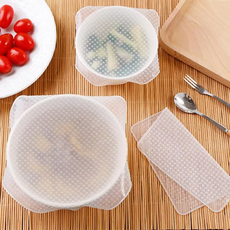 

4pcs Reusable Silicone Food Fresh Keeping Stretch Wrap Seal Film Bowl Cover Home Storage and Organization Kitchen Tools 3 Sizes