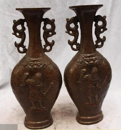 

bir 006562 12"Chinese Folk Purple Bronze carved eximous Gen. King Buddha Vase Pair Statue