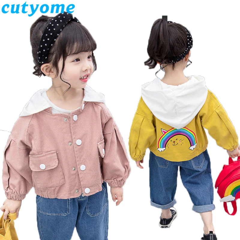

Cute Baby Girls Hooded Denim Jacket Spring Autumn Children Cartoon Cat Rainbow Printed Jeans Outerwear Coat Casual Kids Clothing