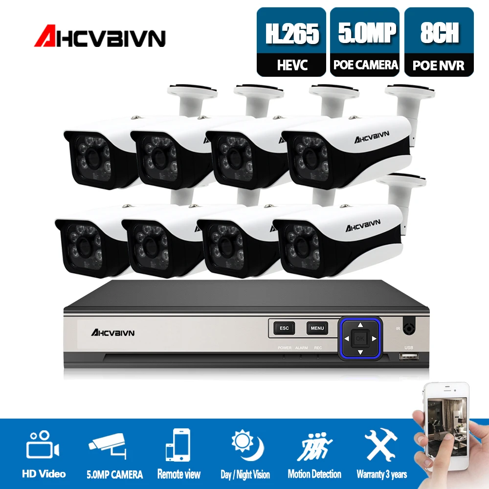 

H.265 8CH 5MP CCTV Security System 5MP HD POE NVR Kit 5.0MP Bullet outdoor POE IP Camera P2P ONVIF Video Surveillance Set