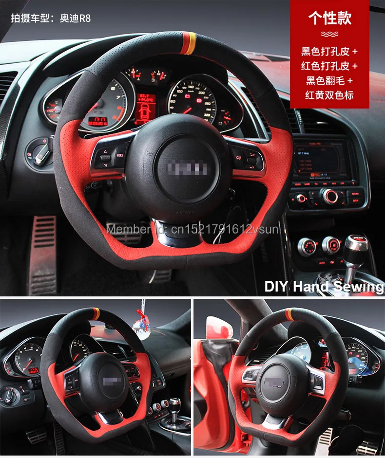 Для Audi R8 высокое качество ручная прошитая противоскользящая красная Черная кожа черная замша красная нить DIY чехол на руль