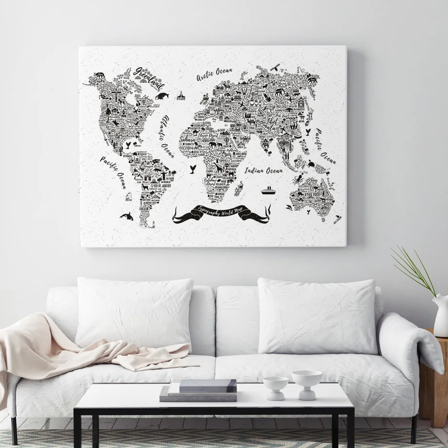 Черно-белые животные, карта мира океана, настенная живопись на холсте, скандинавские плакаты и принты, настенные картины для гостиной, детский Декор