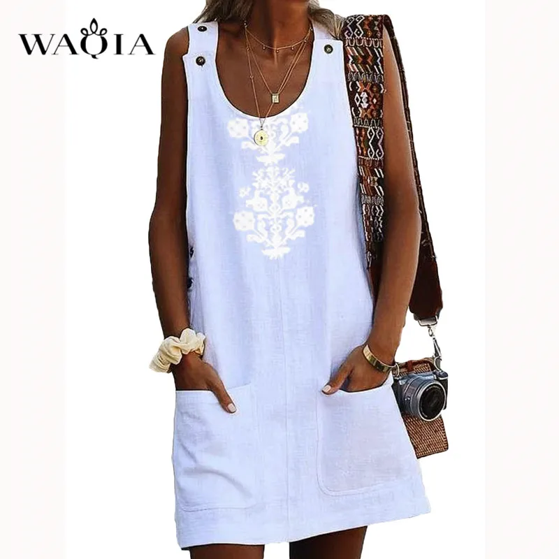 Waqia 2019 летнее платье Для женщин подсолнечное Платье с принтом без рукавов Boho короткое пляжное платье Белый сарафан Повседневное