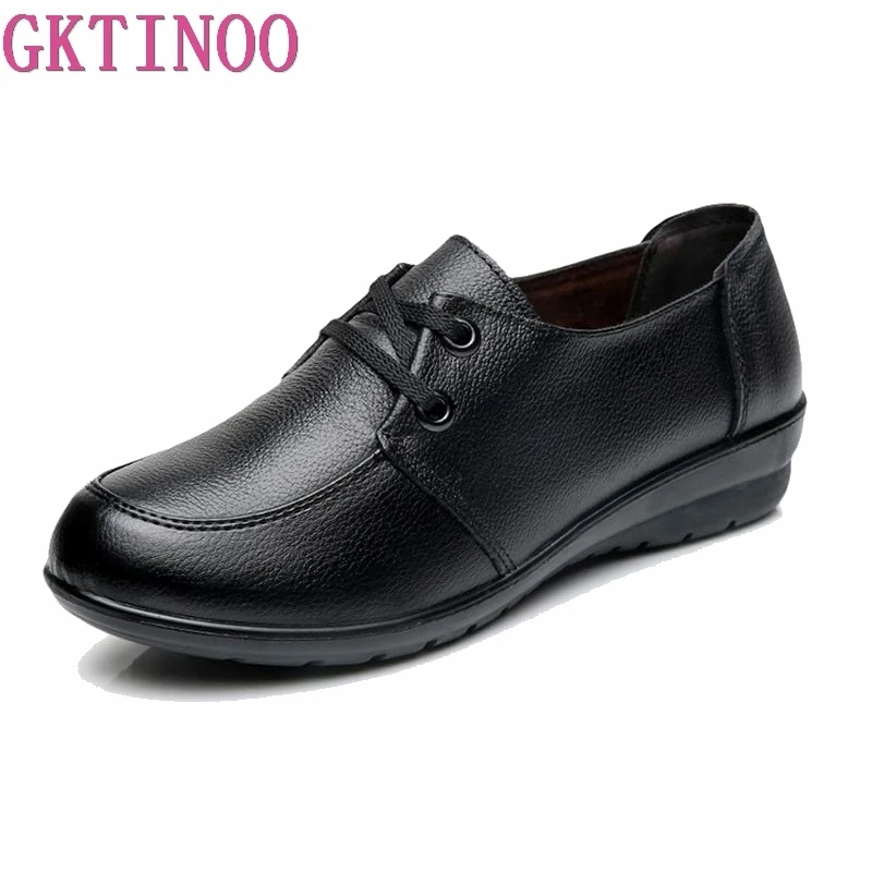 

GKTINOO Women Flats 2019 Autumn Spring Soft Comfortable Genuine Leather Flat Shoes Woman Lace Up Female Casual Shoes Plus size
