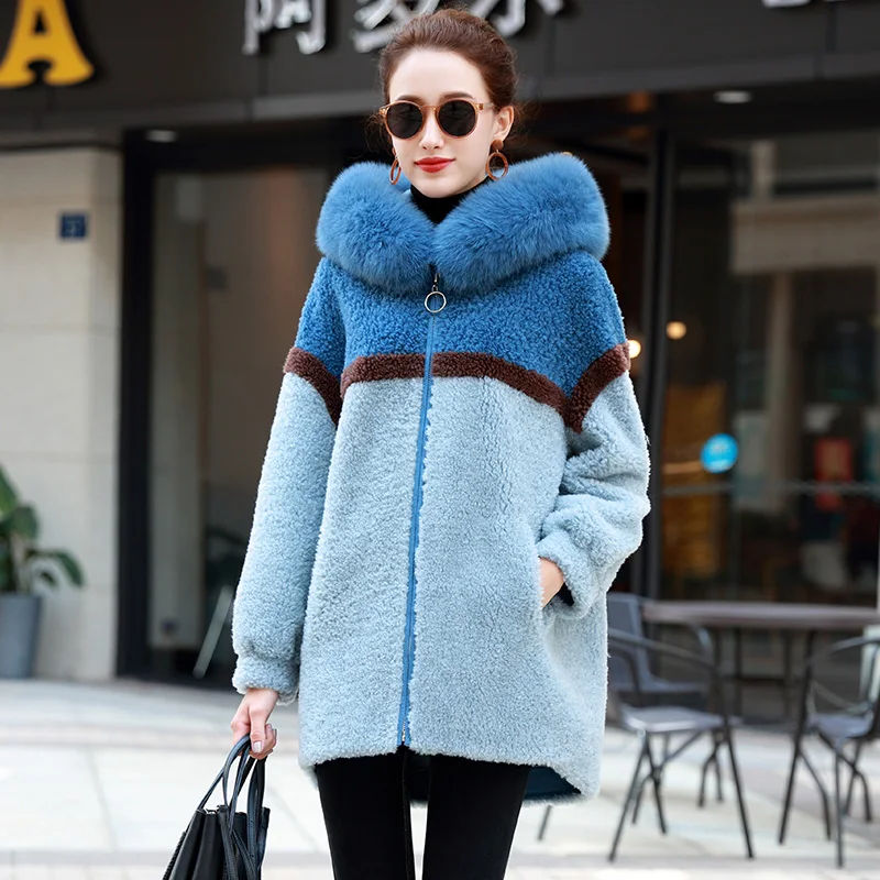 AYUNSUE Real Sheep Shearling Fur Coat Female Fox Fur Collar Real Woo Coats Winter Jacket Women Suede Lining Korean Outwear MY - Color: blue