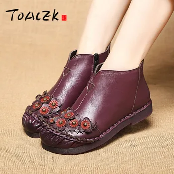 

Winter new leather women's boots national wind pure handmade flowers low heel warm short boots