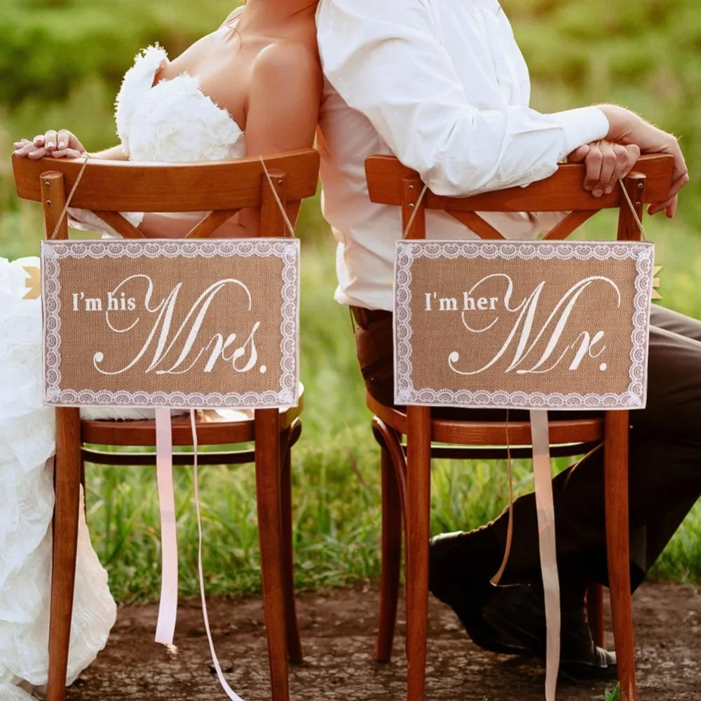 OurWarm Mr Mrs Wedding Chair Signs Burlap Lace Chair Banner Wedding Chair Dcoration Mr Mrs Rustic Wedding Party Decoration