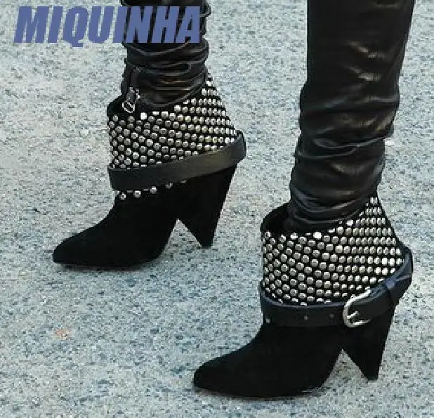 MIQUINHA Fashion Black Suede Leather Women Studded Ankle Boots Sexy Pointed Toe Finger High Heel Ladies Knight Boots Size 42