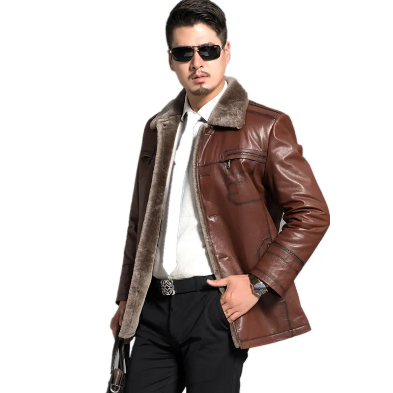 Clearance AYUNSUE Genunie Mens Leather Jackets Red Brown 2019 Winter Leather Men