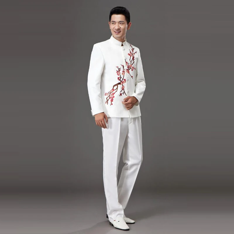 

Tang Suits Performance Chorus Stage Man Clothing retro Chinese style host tunic suits Coat + Pants Red White men's Unique wear