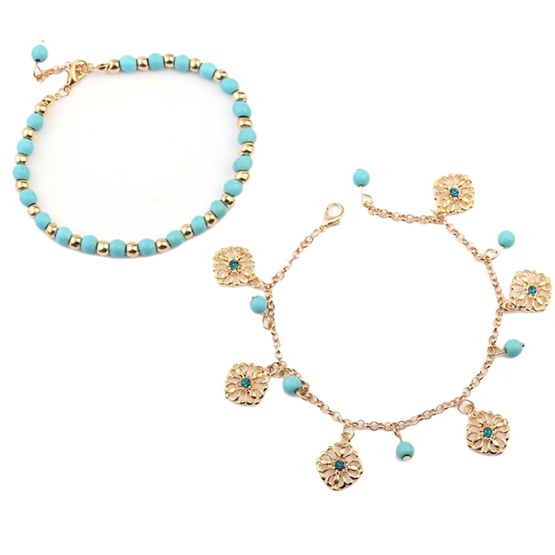 

2PCS Women Layered Anklet Bracelet Handmade Beach Girls Beaded Flower Tray Tassel Foot Jewelry