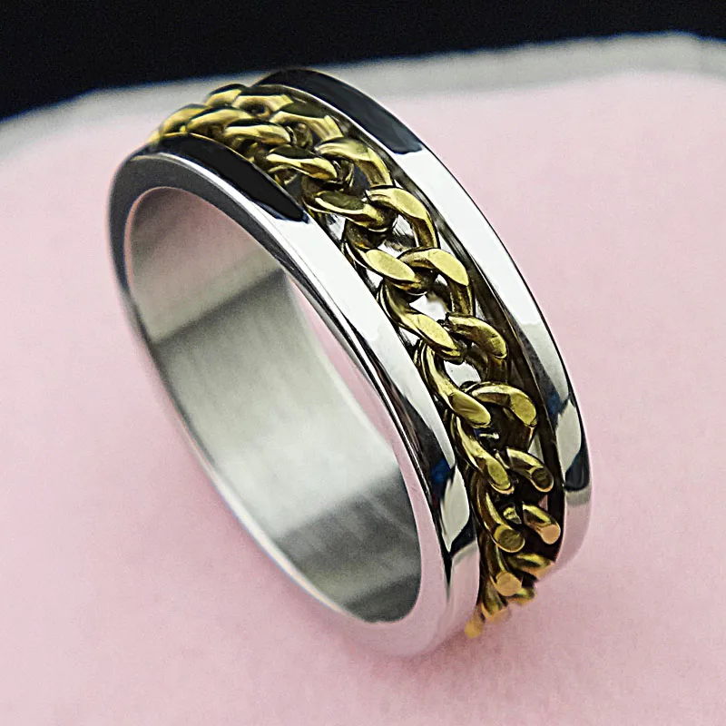 New Style 316L Stainless Steel Silver Gold Chain Spinner Ring for Men