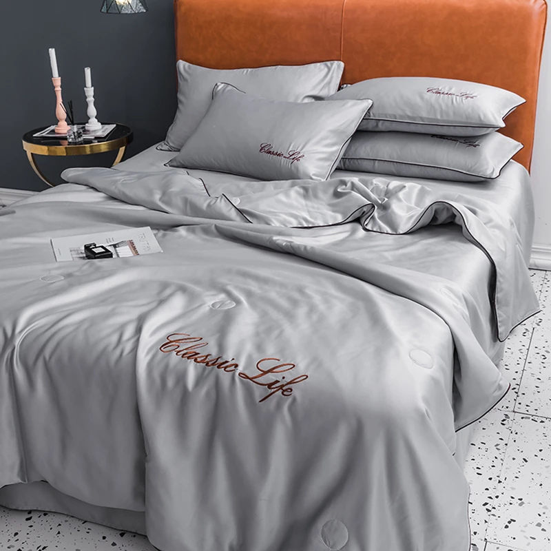 

Elegant style High-end luxury silk grey Summer thin Quilt Bedspread Blanket Comforter Sheets Pillowcase Quilting Home #s