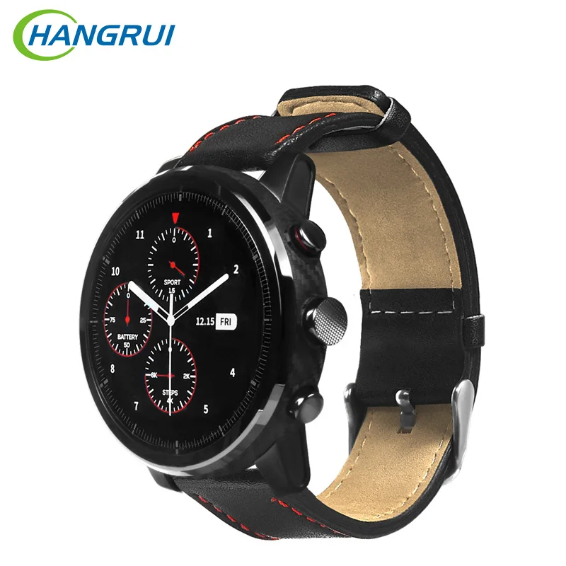 Hangrui 22mm Genuine Leather Watch Strap For Xiaomi Amazfit 2S/2 Smart Watch Black Luxury Watch Band Bracelets Smart Accessories