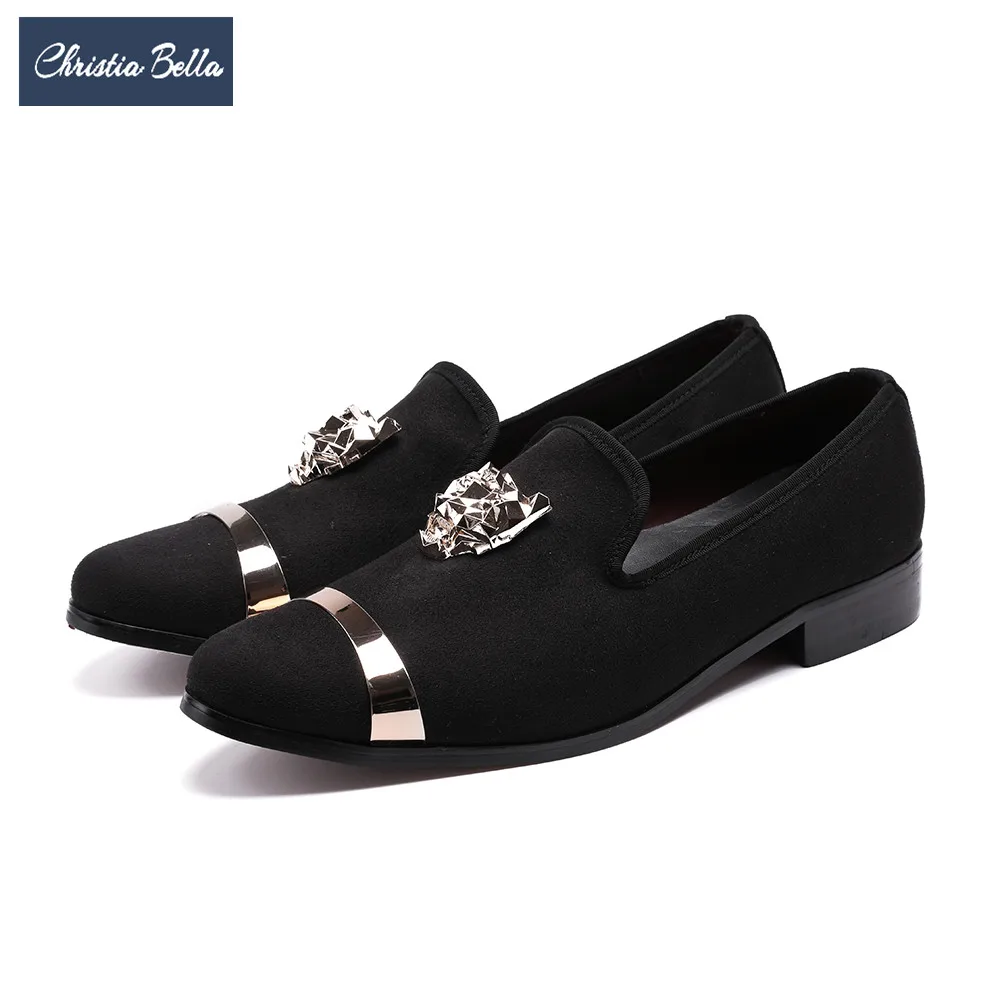 

Christia Bella Brand Italian Suede Men Loafers Metal Charm Banquet Wedding Dress Shoes British Style Smoking Slippers Men Flats