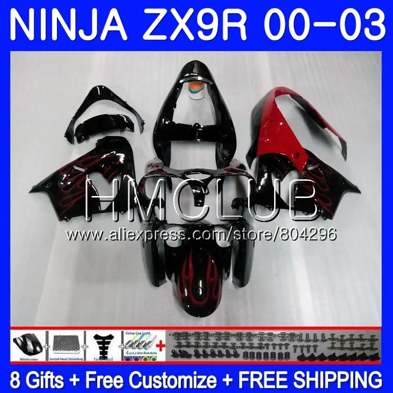 

Body For KAWASAKI NINJA ZX 9R 9 R 900 ZX9R 00 01 02 03 44HM.3 Red flames ZX900 900CC ZX9 R ZX-9R 2000 2001 2002 2003 Fairing