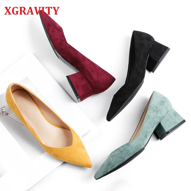 XGRAVITY/черные пикантные туфли-лодочки с острым носком; женская обувь на высоком каблуке; Женская Повседневная замшевая модная обувь; обувь для вечеринок на не сужающемся книзу массивном каблуке; A037