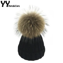 Модные вязаные шапочки зимние, шапки для женщин вязаная шапка натуральный Лисий Мех помпоны мяч теплая шапочка Повседневная Gorros YY17222