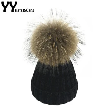 

Fashion Skullies Beanies Winter Hats For Women Knitting Cap Real Natural Fox Fur Pompoms Ball Warm Beanie Casual Gorros YY17222