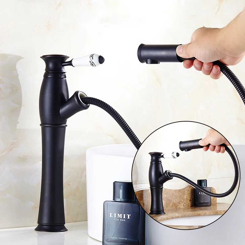 

All copper black faucet European American imitation ancient table below the basin faucet cold and hot pull out faucets